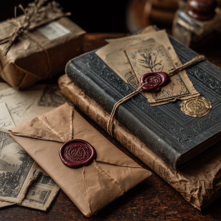 Vintage book and envelope with wax seals on a wooden surface